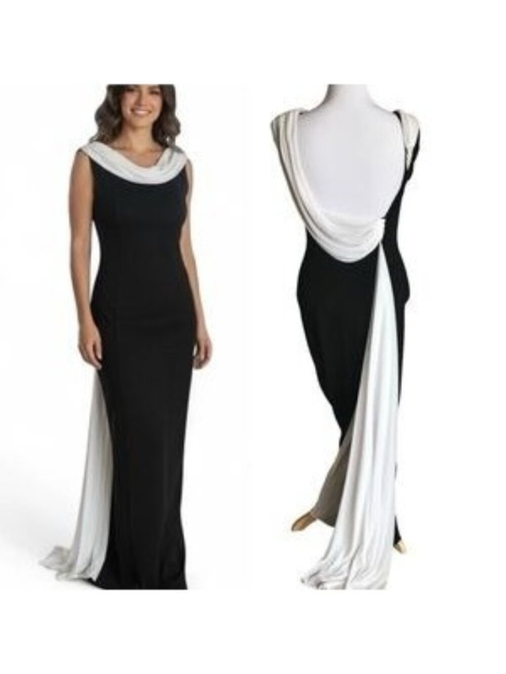 Vintage Cache Black White Evening Gown 90s Y2K Cowl Draped Open Back Formal XS